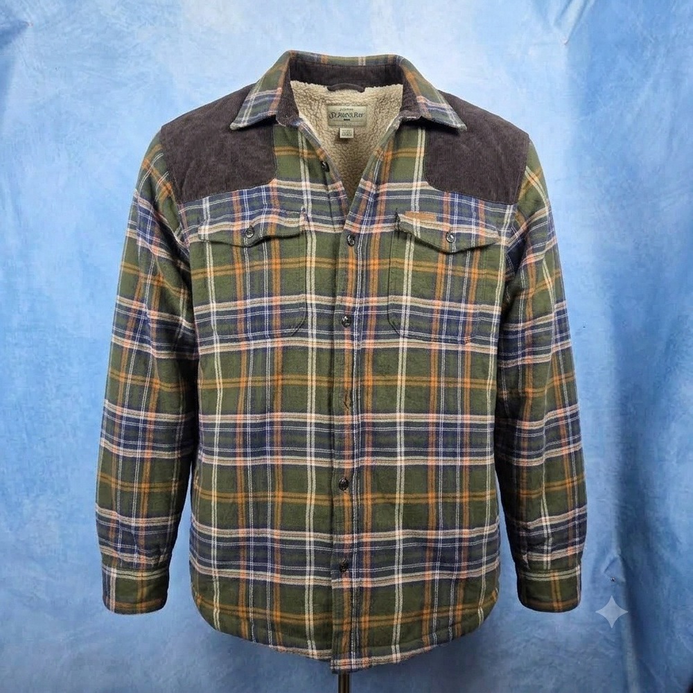 Field & Stream Mens XL Sherpa Lined Plaid Flannel Shirt Jacket Corduroy Green